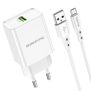 Telefono įkroviklis Borofone BN5 | USB | Greitas įkrovimas 3.0 | 18 W | + Micro USB laidas baltas