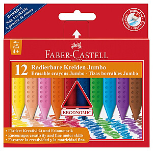 Plastikinės kreidelės Faber-Castell Grip Jumbo, tripusės, 12 spalvų