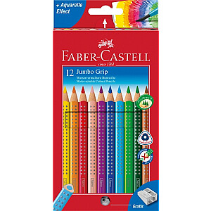 Faber-Castell Grip Jumbo akvareliniai spalvoti pieštukai, tripusiai, 12 spalvų,