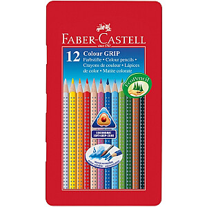 Faber-Castell Grip spalvoti pieštukai, tripusiai, 12 spalvų, metalinėje dėžutėje.