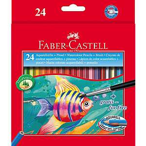 Spalvoti akvareliniai pieštukai su teptuku Faber-Castell Fish, 24 spalvos