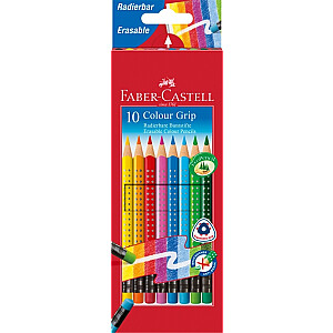 Spalvoti pieštukai Faber-Castell Grip 2001, tripusiai, 10 spalvų, su trintuku