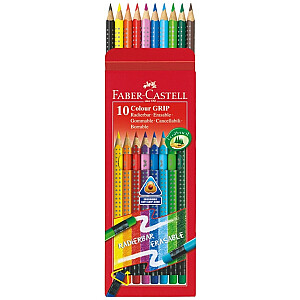 Spalvoti pieštukai Faber-Castell Grip 2001, tripusiai, 10 spalvų, su trintuku