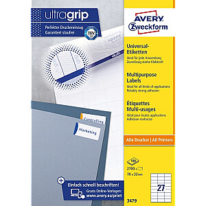 Lipnios etiketės Avery Zweckform, A4, 70x32mm, 27 etiketės lape, 100 lapų, balta