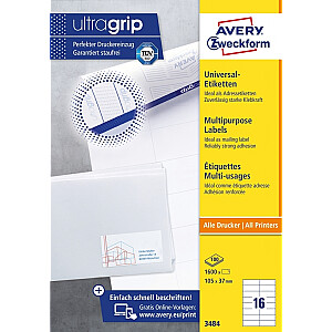 Avery Zweckform lipnios etiketės, A4, 105x37 mm, 16 etikečių lape, be rėmelių, 100 lapų, balta