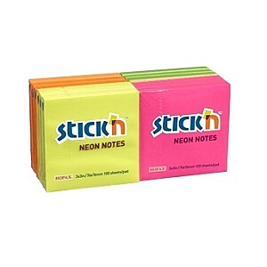 Lipni lakštai Stick'N 21332, 76x76mm, 12 blokelių po 100 lapų, įvairios neoninės spalvos.