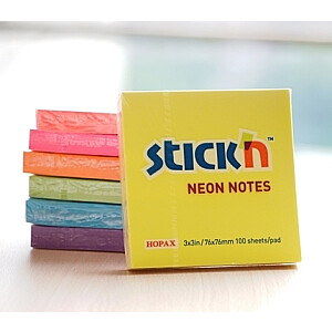 Lipni lakštai Stick'N 21332, 76x76mm, 12 blokelių po 100 lapų, įvairios neoninės spalvos.
