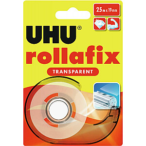 Lipni juosta UHU Rollafix, 19mmx25m, skaidri, su laikikliu