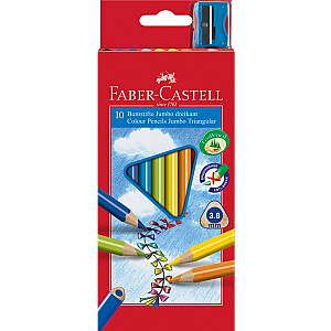 Faber-Castell Junior Grip 3 pusių kreidelės, 10 spalvų, su galąstuvu