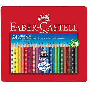 Akvareliniai spalvoti pieštukai Faber-Castell GRIP 2001, tripusiai, 24 spalvų, metalinėje dėžutėje.
