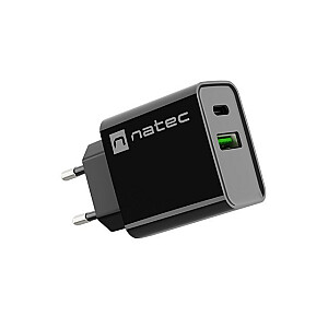 USB Įkroviklis NATEC RIBERA USB-A+USB-C 20 W PD BLACK