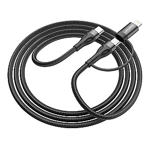 Borofono kabelis BX61 šaltinis 2 viename – C tipas – C tipas + Lightning – PD 20W|60W 3A, 1 metras juodas