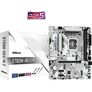 Mainboard ASROCK Intel B760 Express LGA1700 Micro-ATX Memory DDR5 Memory slots 2 2xPCI-Express 3.0 1x 1xPCI-Express 4.0 16x 1xM.2 1x15pin D-sub 1xHDMI 1xDisplayPort 1xAV-In 1xAV-out 1xMicrophone 2xUSB 2.0 3xUSB 3.2 1xUSB-C 1xRJ45 B760M-HDV/M.2