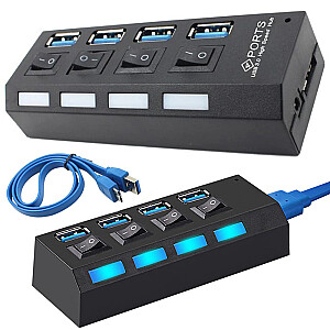 Adapteris (daliklis) Goodbuy USB 3.0 iki 4 x USB 3.0 | 5 Gbps su atskirais įjungimo ir išjungimo mygtukais juodos spalvos