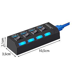 Adapteris (daliklis) Goodbuy USB 3.0 iki 4 x USB 3.0 | 5 Gbps su atskirais įjungimo ir išjungimo mygtukais juodos spalvos