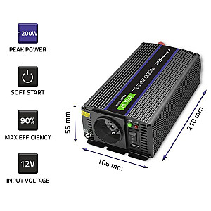Qoltec 51925 Монолитный преобразователь напряжения 1200 MS Wave | от 12 В до 230 В | 600/1200 Вт | USB
