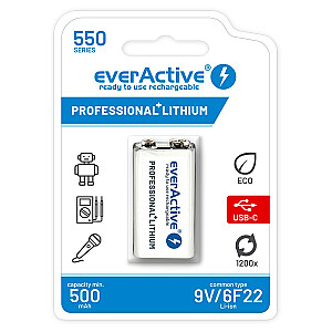 Akumuliatorius EverActive 6F22/9V Li-ion 550 mAh su USB TYPE C