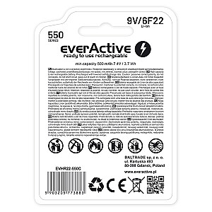 Akumuliatorius EverActive 6F22/9V Li-ion 550 mAh su USB TYPE C