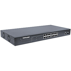 16 prievadų Gigabit Ethernet Intellinet jungiklis su žiniatinklio valdymu, PoE+, 2 SFP prievadai, IEEE 802.3at/af Maitinimas per Ethernet (PoE+/PoE), suderinamas, 374 W, galinis atstumas, 19 colių stovo laikiklis