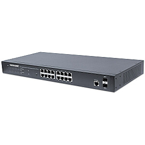 16 prievadų Gigabit Ethernet Intellinet jungiklis su žiniatinklio valdymu, PoE+, 2 SFP prievadai, IEEE 802.3at/af Maitinimas per Ethernet (PoE+/PoE), suderinamas, 374 W, galinis atstumas, 19 colių stovo laikiklis