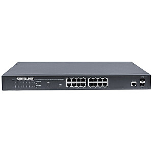 16 prievadų Gigabit Ethernet Intellinet jungiklis su žiniatinklio valdymu, PoE+, 2 SFP prievadai, IEEE 802.3at/af Maitinimas per Ethernet (PoE+/PoE), suderinamas, 374 W, galinis atstumas, 19 colių stovo laikiklis