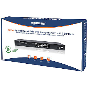 16 prievadų Gigabit Ethernet Intellinet jungiklis su žiniatinklio valdymu, PoE+, 2 SFP prievadai, IEEE 802.3at/af Maitinimas per Ethernet (PoE+/PoE), suderinamas, 374 W, galinis atstumas, 19 colių stovo laikiklis