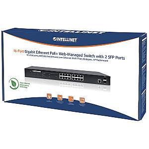 16-портовый коммутатор Gigabit Ethernet Intellinet с веб-управлением, PoE+, 2 портами SFP, совместимость со стандартом IEEE 802.3at/af Power over Ethernet (PoE+/PoE), 374 Вт, конечный пролет, монтаж в 19-дюймовую стойку