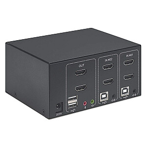 Manheteno HDMI KVM jungiklis, 2 prievadai, 4K@30Hz, USB-A/3,5 mm garso/mikrofonas, kabeliai įtraukti, garso palaikymas, 2 kompiuterių valdymas iš vieno kompiuterio / pelės / ekrano, maitinamas USB, juoda, trejų metų garantija, supakuota