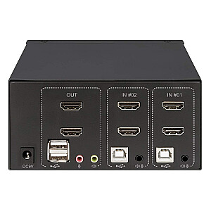 Manheteno HDMI KVM jungiklis, 2 prievadai, 4K@30Hz, USB-A/3,5 mm garso/mikrofonas, kabeliai įtraukti, garso palaikymas, 2 kompiuterių valdymas iš vieno kompiuterio / pelės / ekrano, maitinamas USB, juoda, trejų metų garantija, supakuota