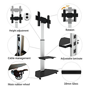 Techly grindų atrama su vežimėliu lentynos televizoriumi LCD/LED/plazma 37-70 colių, balta