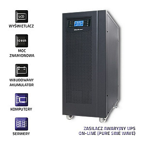 Qoltec 53044 nepertraukiamo maitinimo šaltinis UPS | Prisijungę | Gryna sinusinė banga | 10kVA | 8kW | LCD | USB