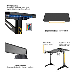 NanoRS žaidimų stalas su RGB LED apšvietimu ir ergonomiškas ausinių laikiklis