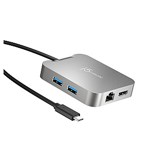 j5create 4K60 4K60 Elite USB-C PD kelių prievadų doko adapteris 1x4K HDMI/2xUSB 3.1/1xUSB-C/1xRJ45 Gigabit; sidabro spalvos JCD391-N