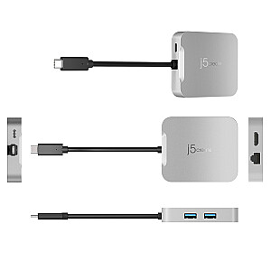 j5create 4K60 4K60 Elite USB-C PD kelių prievadų doko adapteris 1x4K HDMI/2xUSB 3.1/1xUSB-C/1xRJ45 Gigabit; sidabro spalvos JCD391-N