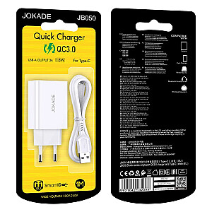 Įkroviklis Jokade JB050 | 18 W | 3A + USB-C laidas 1 m baltas