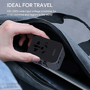AUKEY PA-TA07 universalus 35 W kelioninio įkroviklio adapteris su USB-C ir USB-A JK, JAV, ES, Australija, Kinija, 150 šalių