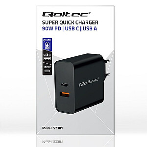 Qoltec 52381 Super Quick PD įkroviklis | 1xUSB-C | 1xUSB| 90 W | 5-20V | 2,4-4,35 A | Juoda