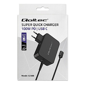 Qoltec 52388 GaN POWER PRO įkroviklis | 1xUSB-C | 100 W | 5-20V | 3-5A | Juoda