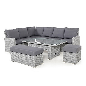 Sodo baldų komplektas ASCOT kampinė sofa, stalas ir 2 pufai, pilkos spalvos