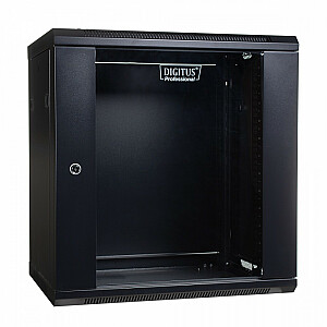 Vienos dalies pakabinama spintelė 19 12U 635/600/450mm, stiklinės durys, juoda (RAL 9004)