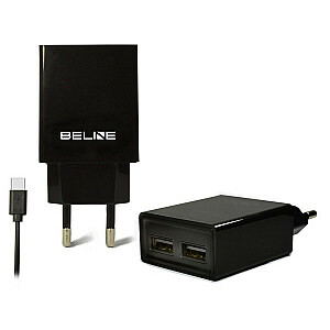 2xUSB + USB-C сетевое зарядное устройство 2А, черные