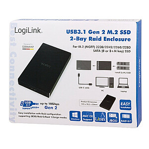 Išorinis SSD korpusas 2x M.2 SATA, USB3.1 gen2, Raid
