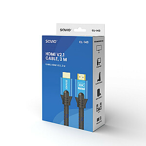 Kabelis HDMI (M) v2.1, 3m, 8K, varinis, mėlynai juodas, auksiniai antgaliai, Ethernet/3D, CL-143