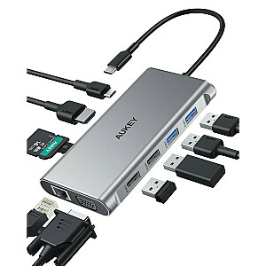CB-C89 aliuminio USB-C šakotuvas | 10w1 | RJ45 Ethernet 10/100/1000 Mbps | 4xUSB | HDMI 4k@30Hz | SD ir microSD | USB-C 100 W maitinimo šaltinis