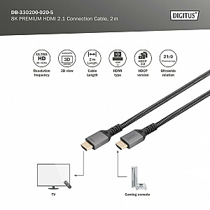 Aukščiausios kokybės itin spartus UHD HDMI 2.1 jungties kabelis, 8K60Hz, HDMI tipas A/A M/M, 2m, juodas