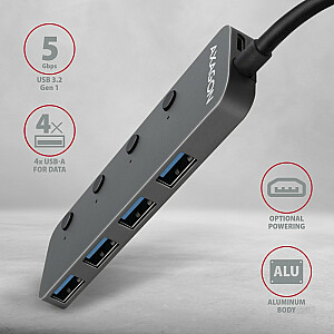 HUE-MSA Hub 4 prievadų USB 3.2 Gen 1 jungiklis, metalinis, 20 cm USB-A laidas, pasirenkamas „microUSB“ maitinimo šaltinis