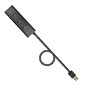 HUE-S2BL šakotuvas: 4 prievadų USB 3.2 Gen 1 įkrovimo šakotuvas, 1,2 m laidas, pasirenkamas „microUSB“ maitinimo šaltinis