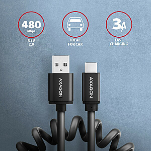 BUCM-AM10TB USB-C į USB-A ritės kabelis, 0,6 m, USB 2.0, 2,4 A, ALU, PVC juodas