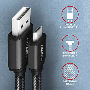 BUMM-AM10AB MicroUSB – USB-A laidas, 1m, USB 2.0, 2.4A, ALU, pintas, juodas