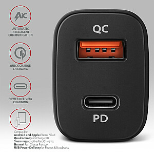 PWC-PQ38 Автомобильное зарядное устройство PD & QUICK, 38 Вт, 2 порта (USB-A + USB-C), PD3.0/QC3.0/AFC/FCP/Apple